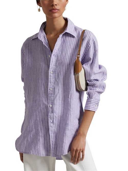 camicia donna in lino a righe lilla e bianco Ralph Lauren | 211970691002